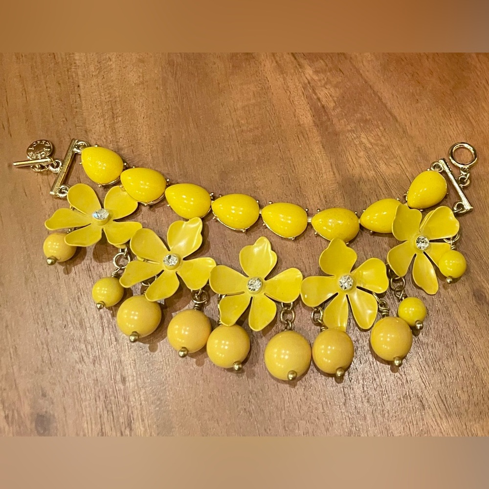 J Crew Yellow Enamel and Rhinestone Floral Charm Bracelet